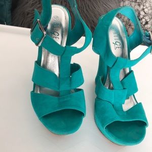 Turquoise open toe wedge sandals
